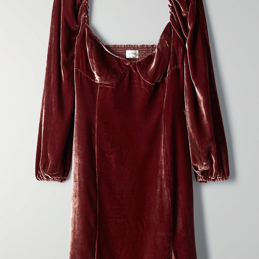 BNWT Wilfred NOVELLA velvet DRESS Aritzia Truffle Size 8